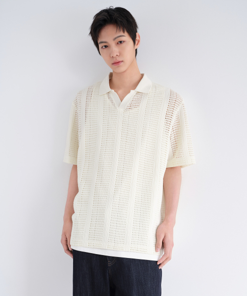 MUSINSA STANDARD（ムシンサスタンダード）の「バーティカルクロシェスリットネックポロシャツ[アイボリー]（ポロシャツ・メンズ・その他・MEDIUM/LARGE/X-LARGE/XX-LARGE/SMALL）」の3枚目の写真