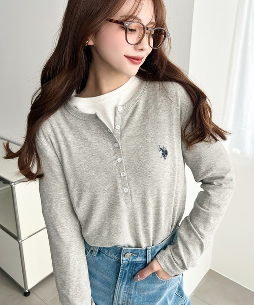 U.S. POLO ASSN.（ユーエスポロアッスン）の「U.S.POLO ASSN.ワンポイント刺繍長袖テレコリブヘンリーネックプルオーバー（Tシャツ/カットソー・レディース・ネイビー/杢グレー/アイボリー/ブラック・L/M）」の15枚目の写真