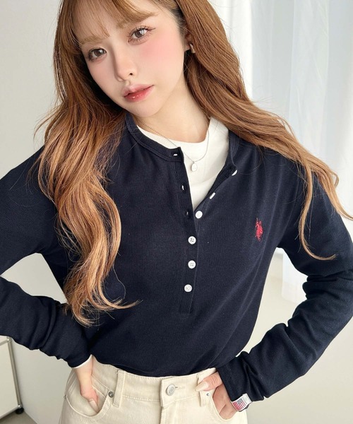 U.S. POLO ASSN.（ユーエスポロアッスン）の「U.S.POLO ASSN.ワンポイント刺繍長袖テレコリブヘンリーネックプルオーバー（Tシャツ/カットソー・レディース・ネイビー/杢グレー/アイボリー/ブラック・L/M）」の18枚目の写真