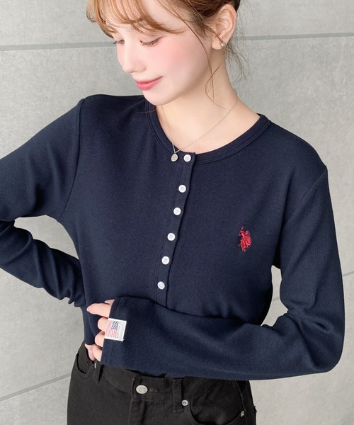 U.S. POLO ASSN.（ユーエスポロアッスン）の「U.S.POLO ASSN.ワンポイント刺繍長袖テレコリブヘンリーネックプルオーバー（Tシャツ/カットソー・レディース・ネイビー/杢グレー/アイボリー/ブラック・L/M）」の12枚目の写真