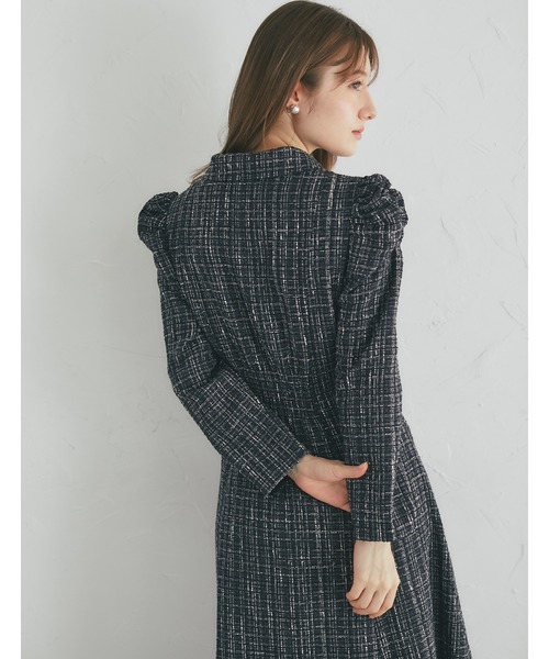 パール釦パワーショルダーツイードシャツワンピース（ワンピース