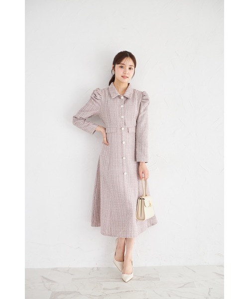パール釦パワーショルダーツイードシャツワンピース（ワンピース