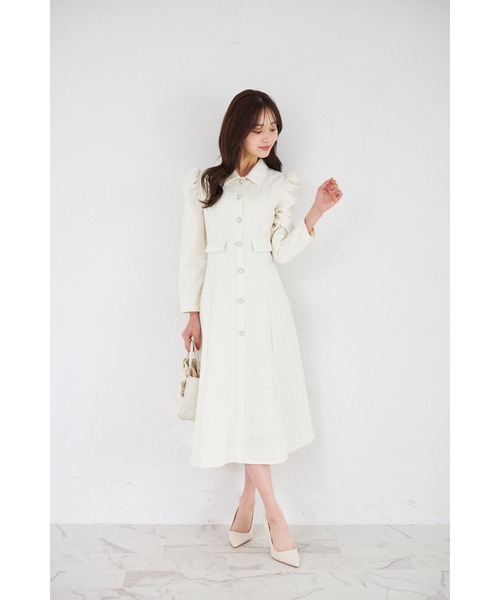 パール釦パワーショルダーツイードシャツワンピース（ワンピース