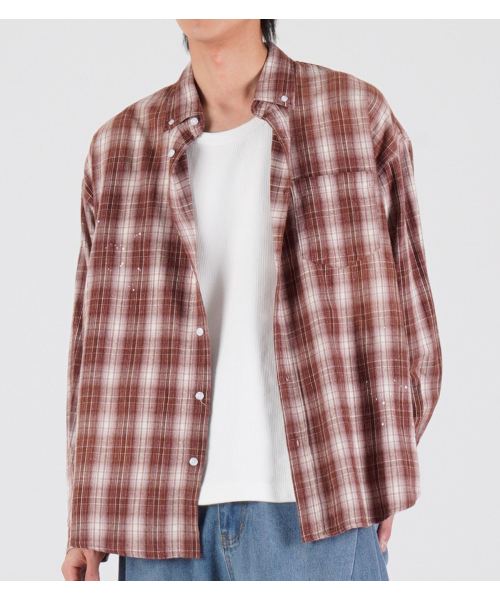 BUTTON SEOUL(ボタンソウル)の「スプラッシュフランネルオーバーサイズウォッシングシャツ(ペイントブラウン)(シャツ/ブラウス・メンズ・その他・X-LARGE/MEDIUM/LARGE)」の1枚目の写真