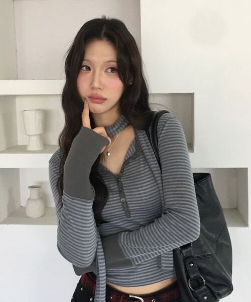 runningHIGH（ランニングハイ）の「ボタンストライプL/Sティーウィズマフラー[カーキ]（Tシャツ/カットソー・レディース・その他・FREE）」の8枚目の写真