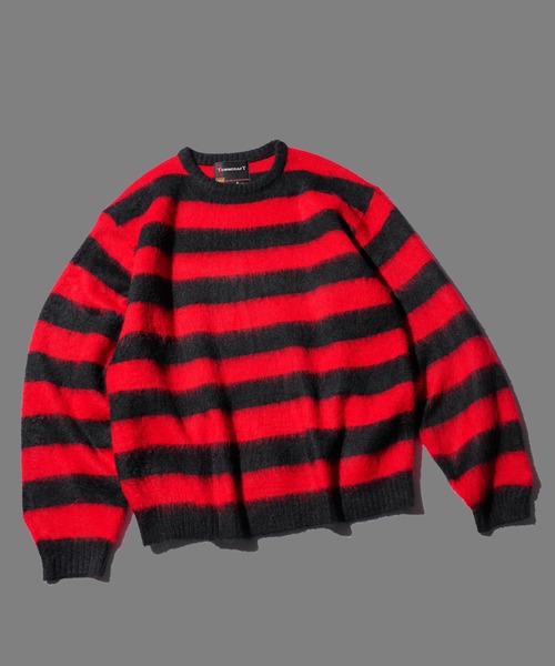 TOWNCRAFT（タウンクラフト）の「TOWNCRAFT / タウンクラフト BORDER SHAGGY CREW SWEATER ボーダー シャギー モヘアタッチ クルーネックセーター（ニット/セーター・メンズ・レッド/ブラック×ホワイト・LARGE/MEDIUM）」の2枚目の写真