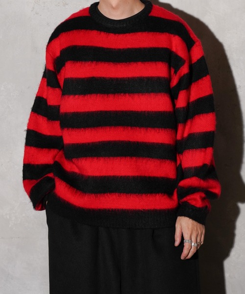 TOWNCRAFT（タウンクラフト）の「TOWNCRAFT / タウンクラフト BORDER SHAGGY CREW SWEATER ボーダー シャギー モヘアタッチ クルーネックセーター（ニット/セーター・メンズ・レッド/ブラック×ホワイト・LARGE/MEDIUM）」の5枚目の写真