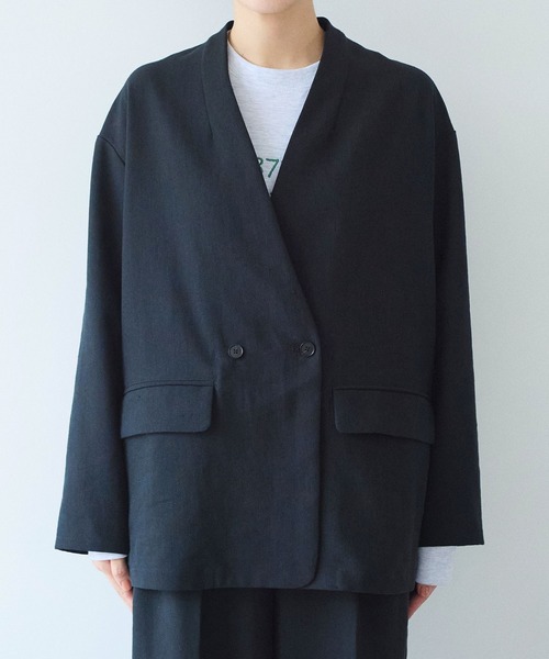 yuni（ユニ　）の「Linen/Polyester double cocoon no collarジャケット（ノーカラージャケット・レディース・ブラック・FREE）」の8枚目の写真