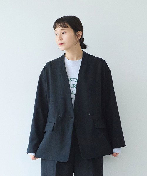 yuni（ユニ　）の「Linen/Polyester double cocoon no collarジャケット（ノーカラージャケット・レディース・ブラック・FREE）」の5枚目の写真
