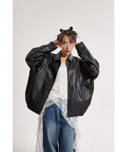 CREO STORE(クレオストア)の「【IAMU】Unisex Outer (Leather) フェイクレザーオーバージャケット(ライダースジャケット・レディース・ブラック・FREE)」の1枚目の写真