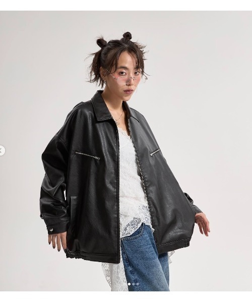 CREO STORE(クレオストア)の「【IAMU】Unisex Outer (Leather) フェイクレザーオーバージャケット(ライダースジャケット・レディース・ブラック・FREE)」の8枚目の写真
