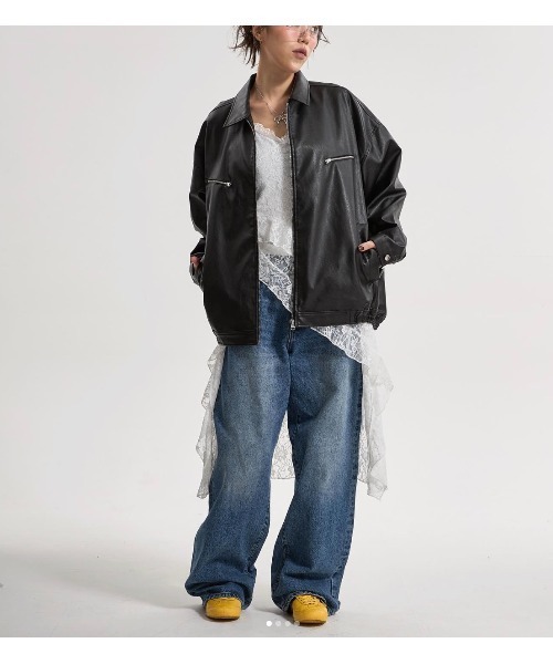 CREO STORE(クレオストア)の「【IAMU】Unisex Outer (Leather) フェイクレザーオーバージャケット(ライダースジャケット・レディース・ブラック・FREE)」の6枚目の写真
