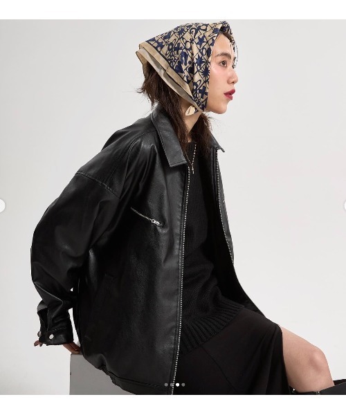 CREO STORE(クレオストア)の「【IAMU】Unisex Outer (Leather) フェイクレザーオーバージャケット(ライダースジャケット・レディース・ブラック・FREE)」の5枚目の写真
