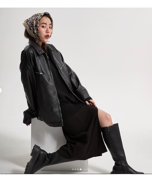 CREO STORE(クレオストア)の「【IAMU】Unisex Outer (Leather) フェイクレザーオーバージャケット(ライダースジャケット・レディース・ブラック・FREE)」の4枚目の写真