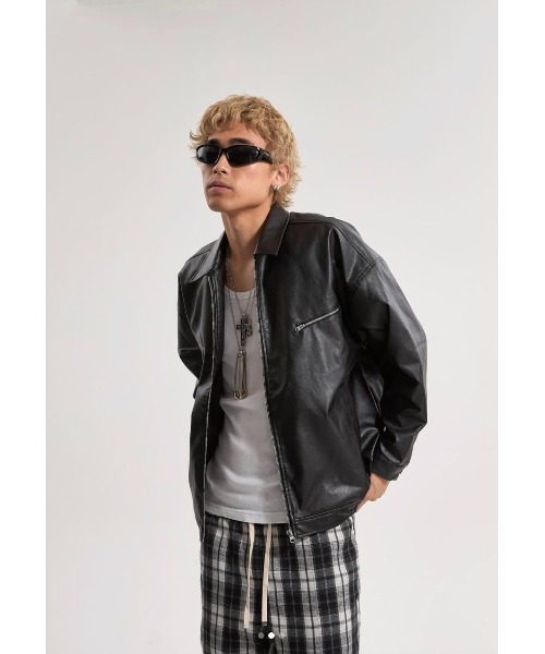 CREO STORE(クレオストア)の「【IAMU】Unisex Outer (Leather) フェイクレザーオーバージャケット(ライダースジャケット・レディース・ブラック・FREE)」の7枚目の写真