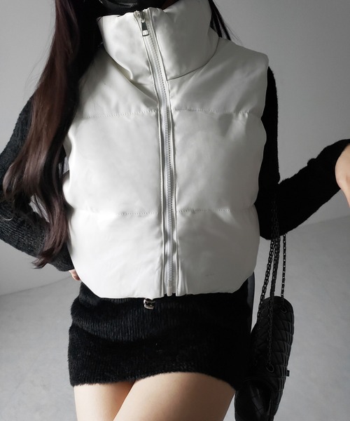 2color 】フェイクレザースタンドカラーパフダウンベスト ／ fake