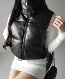 me+em select（ミームセレクト）の「【 ２color 】フェイクレザースタンドカラーパフダウンベスト ／ fake leather stand collar puff down vest（ダウンベスト）」