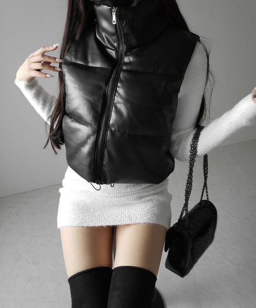 2color 】フェイクレザースタンドカラーパフダウンベスト ／ fake