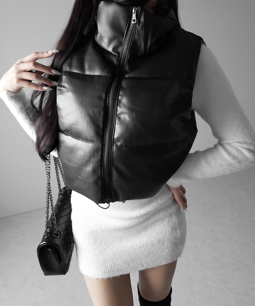 me+em select(ミームセレクト)の「【 2color 】フェイクレザースタンドカラーパフダウンベスト / fake leather stand collar puff down vest(ダウンベスト・レディース・アイボリー/ブラック・FREE)」の20枚目の写真