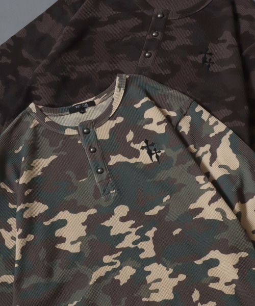 SITRY(シトリー)の「2026AW Camouflage Pattern Cross Logo Embroidery Thermal/カモフラ柄 ヴィンテージライク クロスロゴ ワンポイント刺繍 サーマル ワッフル ヘンリーネック ロンT 長袖Tシャツ(Tシャツ/カットソー・メンズ・グリーン系その他/グリーン系その他2・L/M)」の2枚目の写真