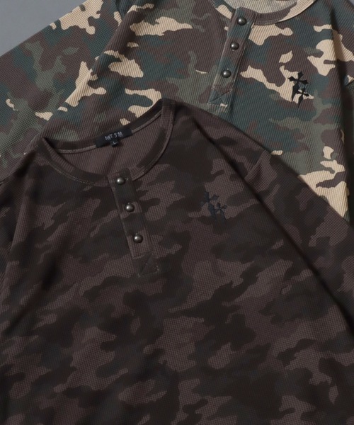 SITRY(シトリー)の「2026AW Camouflage Pattern Cross Logo Embroidery Thermal/カモフラ柄 ヴィンテージライク クロスロゴ ワンポイント刺繍 サーマル ワッフル ヘンリーネック ロンT 長袖Tシャツ(Tシャツ/カットソー・メンズ・グリーン系その他/グリーン系その他2・L/M)」の1枚目の写真