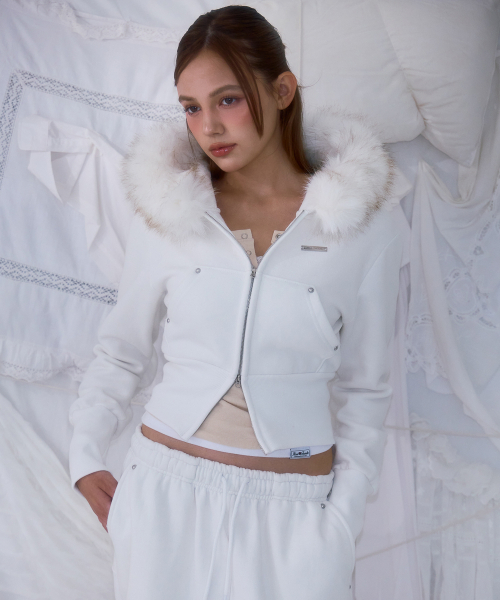 セール】Fur Slim Rivet Hood Zip-up [Ivory]（パーカー）｜ROSEFRANTZ