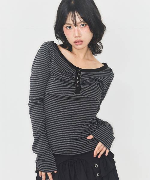 as you are(アズユーアー)の「ストライプスナップロングスリーブブラック(Tシャツ/カットソー・レディース・その他・OS)」の3枚目の写真