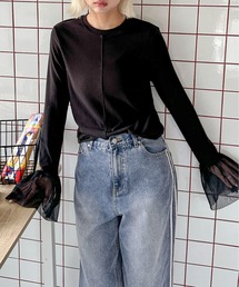 袖チュール切り替えロンTee