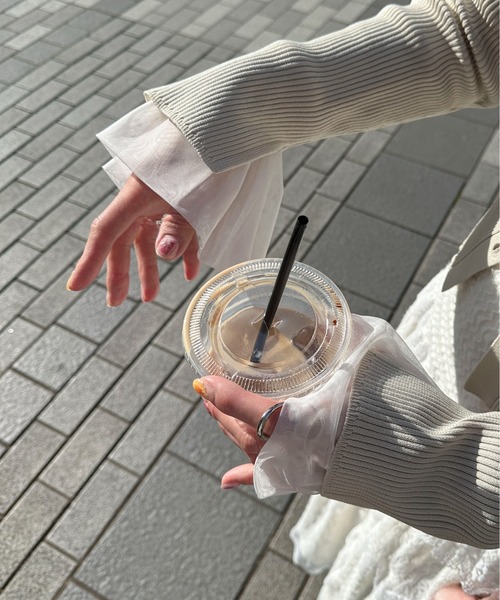 PILIT（ピリット）の「袖チュール切り替えロンTee（Tシャツ/カットソー・レディース・オフホワイト/ブラック・MEDIUM）」の3枚目の写真