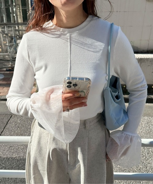 PILIT（ピリット）の「袖チュール切り替えロンTee（Tシャツ/カットソー・レディース・オフホワイト/ブラック・MEDIUM）」の7枚目の写真