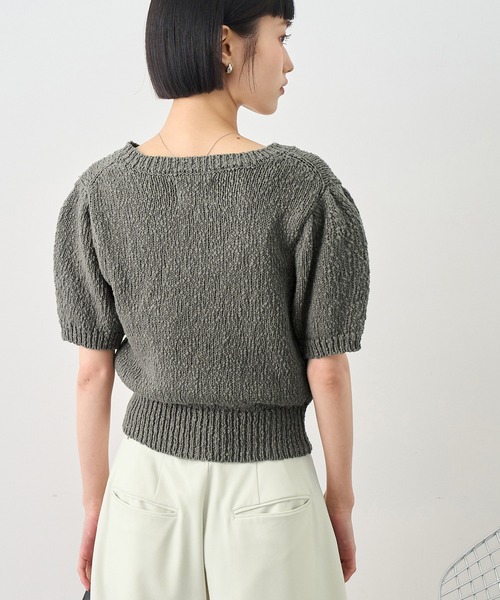 【peony2004】Drawer パフスリーブニット36グレー フリルカラー付きパフスリーブニットカーディガン(M IVORY): トップス