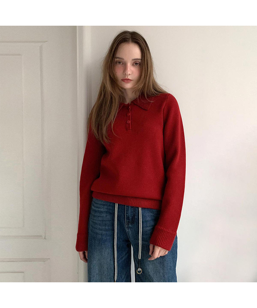 VASCARA(バスカラ)の「Essential Snap Collar Knitwear (3colors)(ニット/セーター・レディース・ブラック/レッド/ベージュ・FREE)」の3枚目の写真