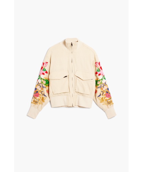 Desigual(デシグアル)の「スリーブフラワー刺繍パッチ ダブルチェストポケットボンバージャケット(テーラードジャケット・レディース・ホワイト・XS/S/M/L/XL)」の1枚目の写真