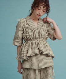 【W:Huku / ブロードストライプ】ペプラム ビスチェ キャミソール / Broad-Striped Peplum Camisole