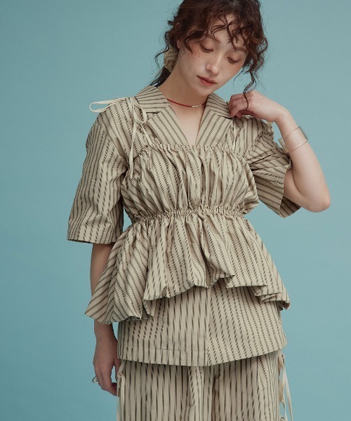 W:Huku(フーク)の「【W:Huku / ブロードストライプ】ペプラム ビスチェ キャミソール / Broad-Striped Peplum Camisole(キャミソール・レディース・ブラック/ブラウン/ブルー/ベージュ・FREE)」の3枚目の写真