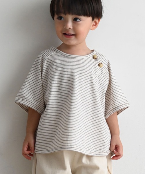 PUPPAPUPO（プッパプーポ）の「ラグラン 半袖 Tシャツ ボーダー（Tシャツ/カットソー・キッズ・ホワイト×ブラック/ホワイト×ブルー/ホワイト×ブラウン・110/100/90/80）」の3枚目の写真