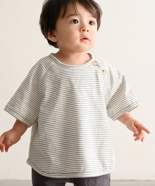 PUPPAPUPO（プッパプーポ）の「ラグラン 半袖 Tシャツ ボーダー（Tシャツ/カットソー・キッズ・ホワイト×ブラック/ホワイト×ブルー/ホワイト×ブラウン・110/100/90/80）」の2枚目の写真