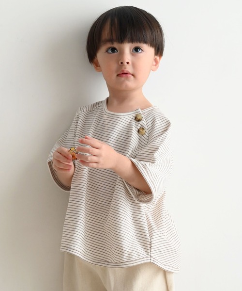 PUPPAPUPO（プッパプーポ）の「ラグラン 半袖 Tシャツ ボーダー（Tシャツ/カットソー・キッズ・ホワイト×ブラック/ホワイト×ブルー/ホワイト×ブラウン・110/100/90/80）」の5枚目の写真