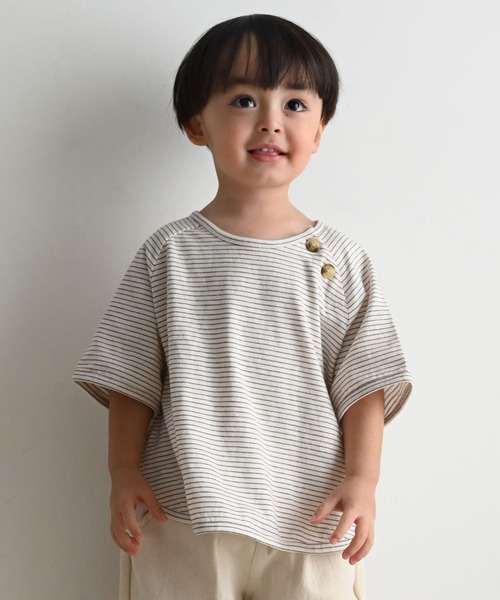 PUPPAPUPO（プッパプーポ）の「ラグラン 半袖 Tシャツ ボーダー（Tシャツ/カットソー・キッズ・ホワイト×ブラック/ホワイト×ブルー/ホワイト×ブラウン・110/100/90/80）」の6枚目の写真