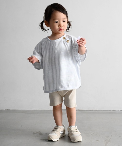 PUPPAPUPO（プッパプーポ）の「ラグラン 半袖 Tシャツ ボーダー（Tシャツ/カットソー・キッズ・ホワイト×ブラック/ホワイト×ブルー/ホワイト×ブラウン・110/100/90/80）」の11枚目の写真