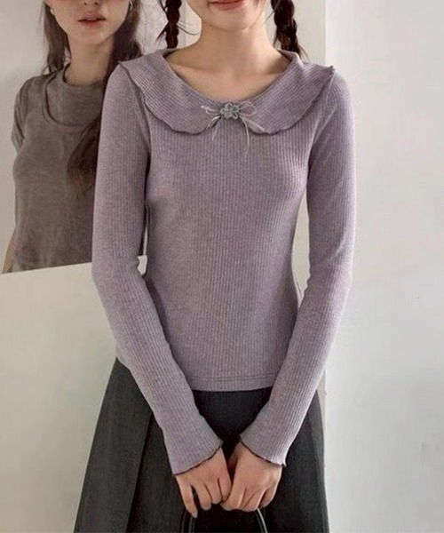 leune(ルネ)の「フラワーモチーフ付き丸襟リブトップス(Tシャツ/カットソー・レディース・ラベンダー/アイボリー・FREE)」の12枚目の写真