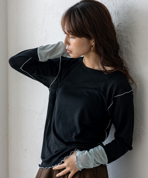 VitaFelice（ヴィータフェリーチェ）の「袖先配色バイカラーメロートップス（Tシャツ/カットソー・レディース・ホワイト系/ブラック系/グレー系・FREE）」の7枚目の写真