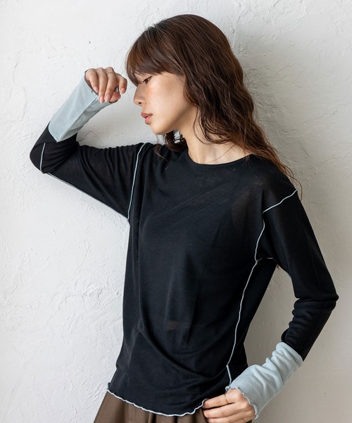 VitaFelice（ヴィータフェリーチェ）の「袖先配色バイカラーメロートップス（Tシャツ/カットソー・レディース・ホワイト系/ブラック系/グレー系・FREE）」の8枚目の写真