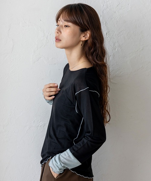VitaFelice（ヴィータフェリーチェ）の「袖先配色バイカラーメロートップス（Tシャツ/カットソー・レディース・ホワイト系/ブラック系/グレー系・FREE）」の9枚目の写真