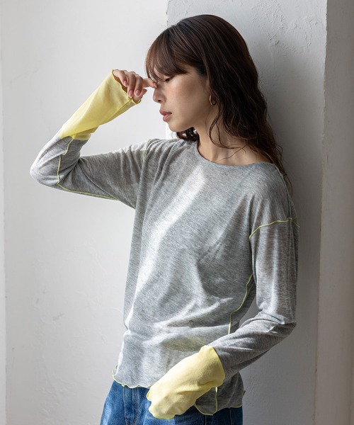 VitaFelice（ヴィータフェリーチェ）の「袖先配色バイカラーメロートップス（Tシャツ/カットソー・レディース・ホワイト系/ブラック系/グレー系・FREE）」の4枚目の写真