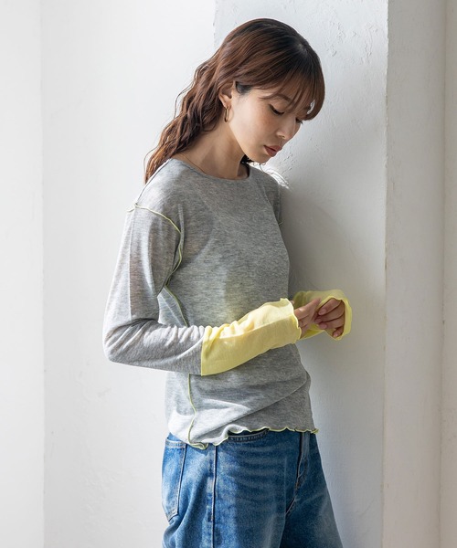 VitaFelice（ヴィータフェリーチェ）の「袖先配色バイカラーメロートップス（Tシャツ/カットソー・レディース・ホワイト系/ブラック系/グレー系・FREE）」の5枚目の写真