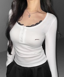 【 3color 】ヘンリーネックロゴプレートレースリブトップス / henley neck logo plate lace ribbed tops ※※