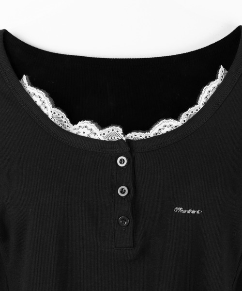 me+em select(ミームセレクト)の「【 3color 】ヘンリーネックロゴプレートレースリブトップス / henley neck logo plate lace ribbed tops ※※(Tシャツ/カットソー・レディース・ブラック/ホワイト/ピンク・FREE)」の6枚目の写真