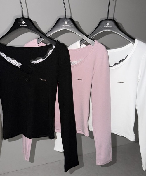 me+em select(ミームセレクト)の「【 3color 】ヘンリーネックロゴプレートレースリブトップス / henley neck logo plate lace ribbed tops ※※(Tシャツ/カットソー・レディース・ブラック/ホワイト/ピンク・FREE)」の8枚目の写真