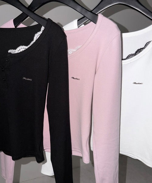 me+em select(ミームセレクト)の「【 3color 】ヘンリーネックロゴプレートレースリブトップス / henley neck logo plate lace ribbed tops ※※(Tシャツ/カットソー・レディース・ブラック/ホワイト/ピンク・FREE)」の9枚目の写真